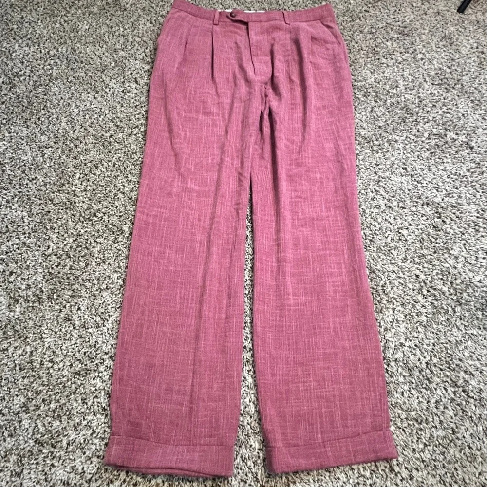 Ralph Lauren Mens Pleated Dress Pants Rose Pink Slub Texture Cuffed 34W x 32L